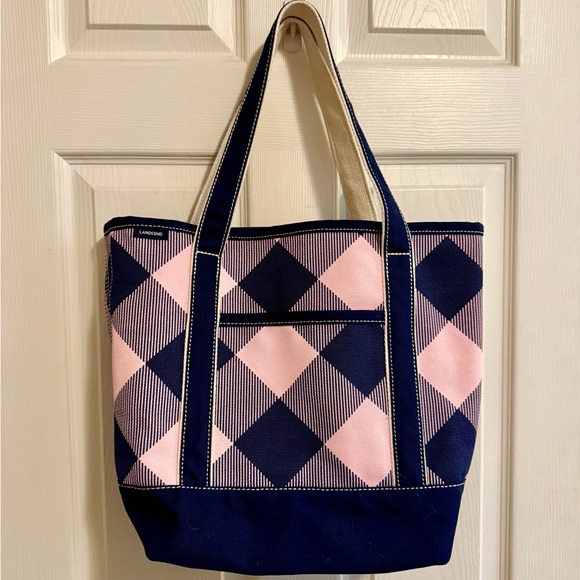 Lands’ End Medium Canvas Tote Bag Pink & Navy Plaid Rare - Picture 1 of 9